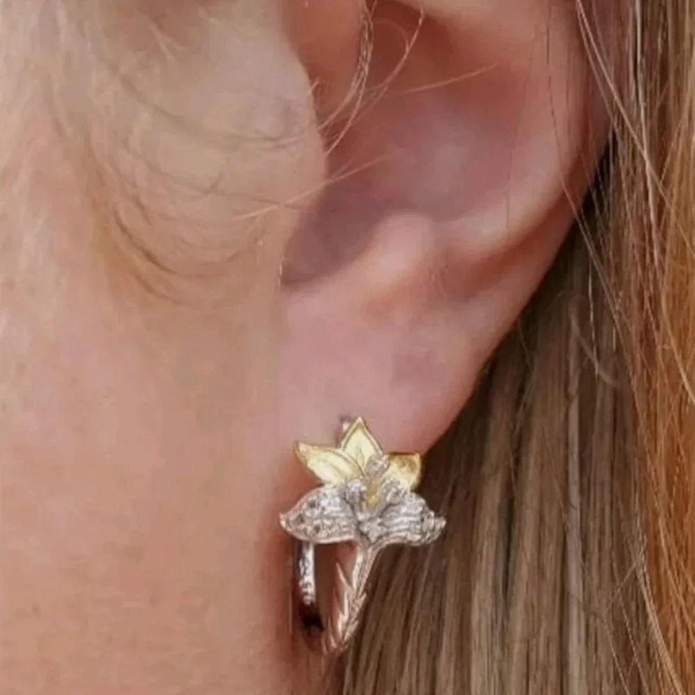 White Topaz 925 Sterling Silver Gold Enamel Believe in Miracles Flower Earrings - Picture 2 of 7